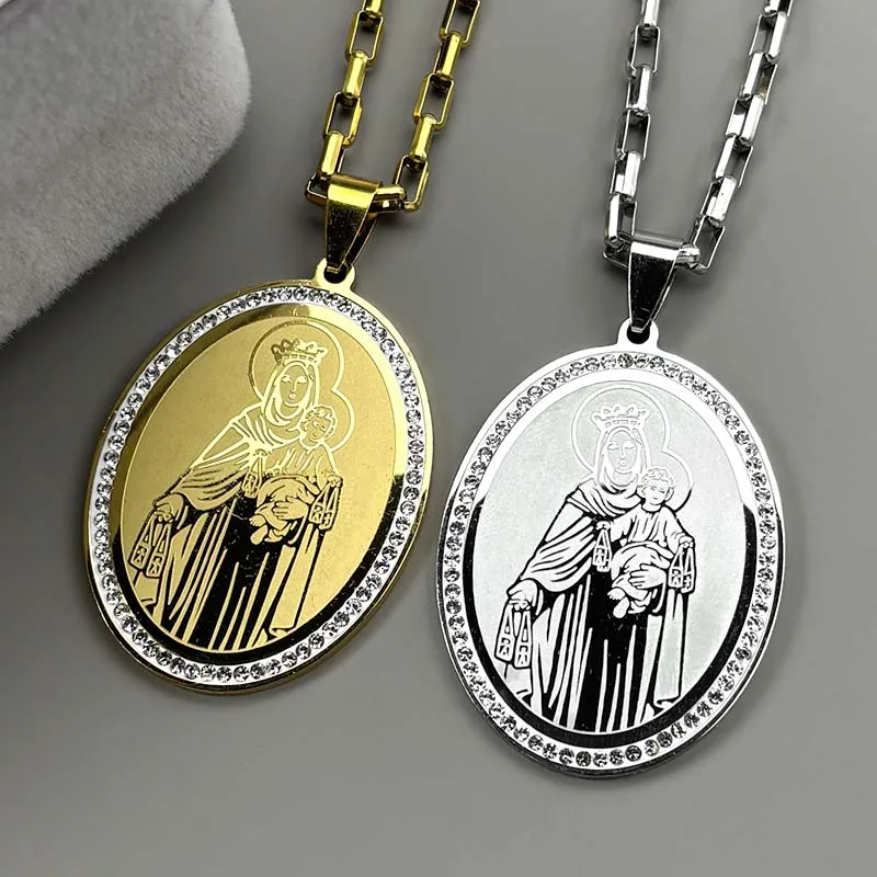 

Virgin Mary Baby Jesus Pendant Necklace For Women Men Stainless Steel Rhinestones Gold Color Catholic Guadalupe Chain Jewelry