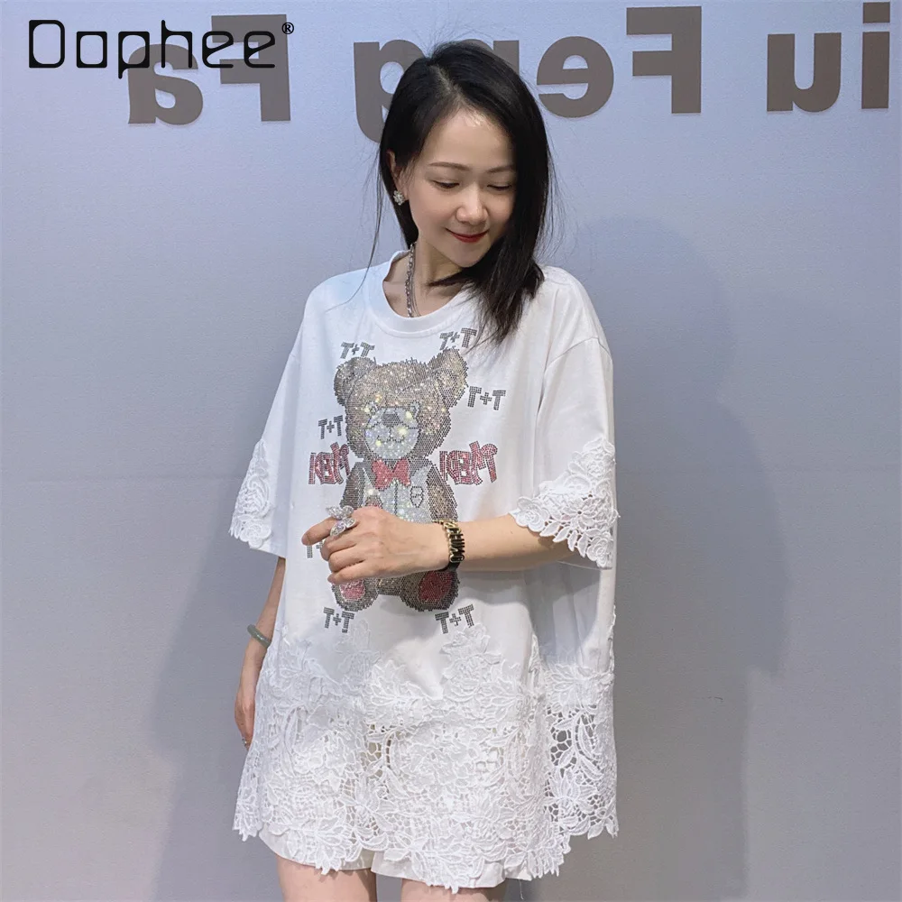 

Trendy Lace Trim Short Sleeve Top Women's T-shirt Summer New Mid-length Bear Rhinestone Loose Fit Half Sleeve Top 2026 New