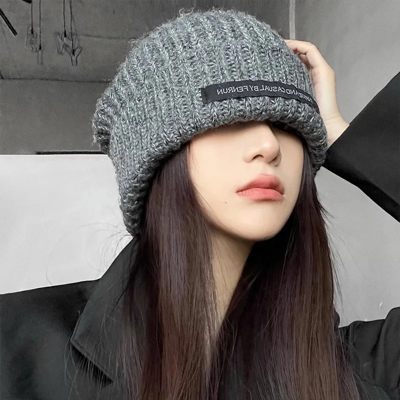 Korean Slouchy Oversize Patch Beanies Hats for Women Girl Coarse Wool Knitted Hat Winter Warm Earmuffs Cap Crochet Bonnet Gorras