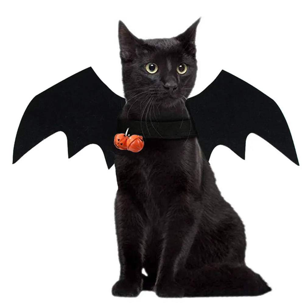 Halloween Pet Costume Wing with Bell Adjustable Black Medium Size Dog Cat Accessory Premium Comfortable Holiday Celebration