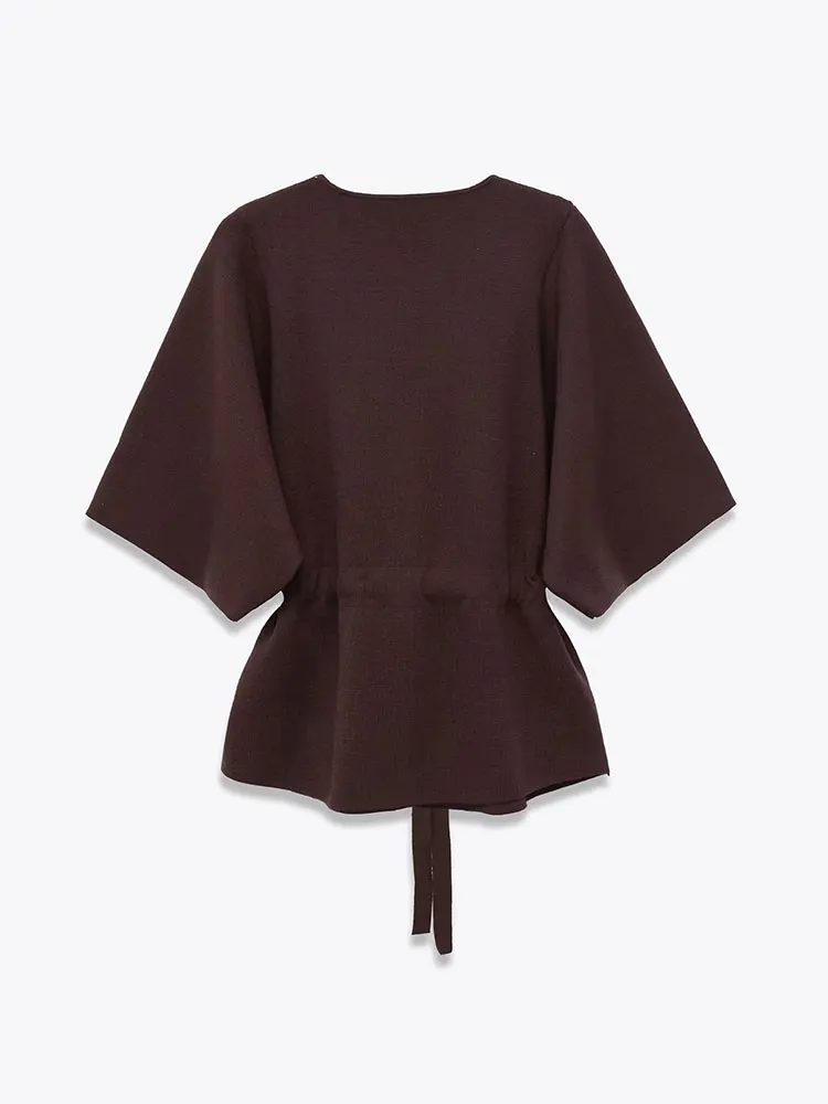Nlzgmsj Autumn Vintage Office Lady Sweater Solid O-Neck Short Sleeve Knitted Sweater Drawstring Waist Fashion Tops