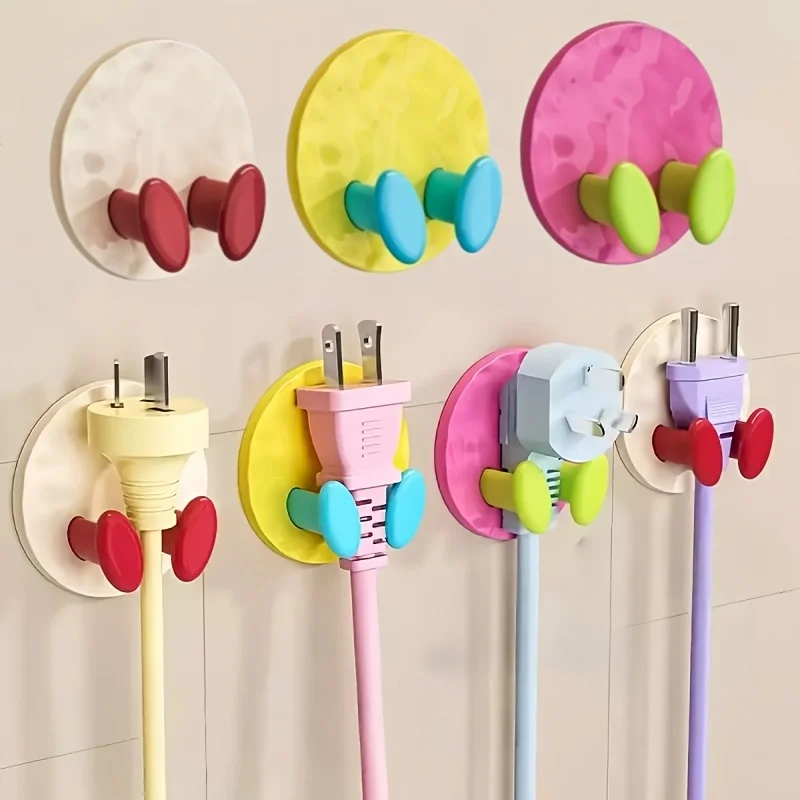 No-Drill Adhesive Plug Hooks, Strong Self-Adhesive Socket Organizer, Candy Colored Caps, Wall Cord Concealer Hook Kitchen Cable