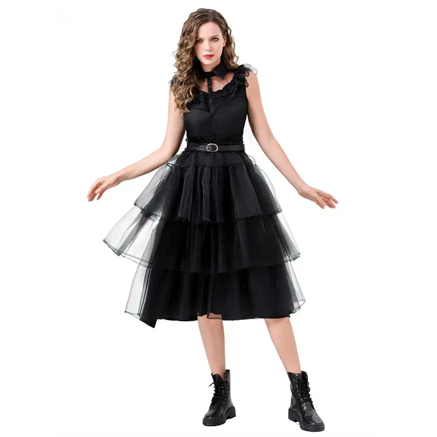 

Adult Women's Black Adams Family Dance Dress Halloween Wednesday Special Edition Fashionable Elegant Female Costume