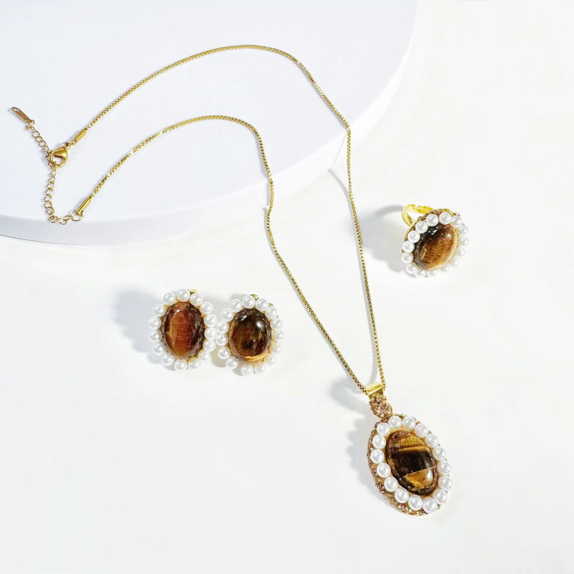 

Новый тигровый глаз, кулон с камнем, ожерелье, серьги, комплект колец, модные легкие роскошные женские комплекты ювелирных изделий, дизайн в китайском стиле, подарки