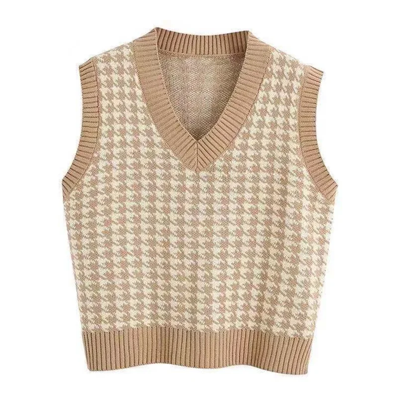 

Sleeveless Geometric Houndstooth Sweater Vest Women V Neck Pullover Casual Knitted Fall Winter Sweet Jumper Korean Knitwear 2024