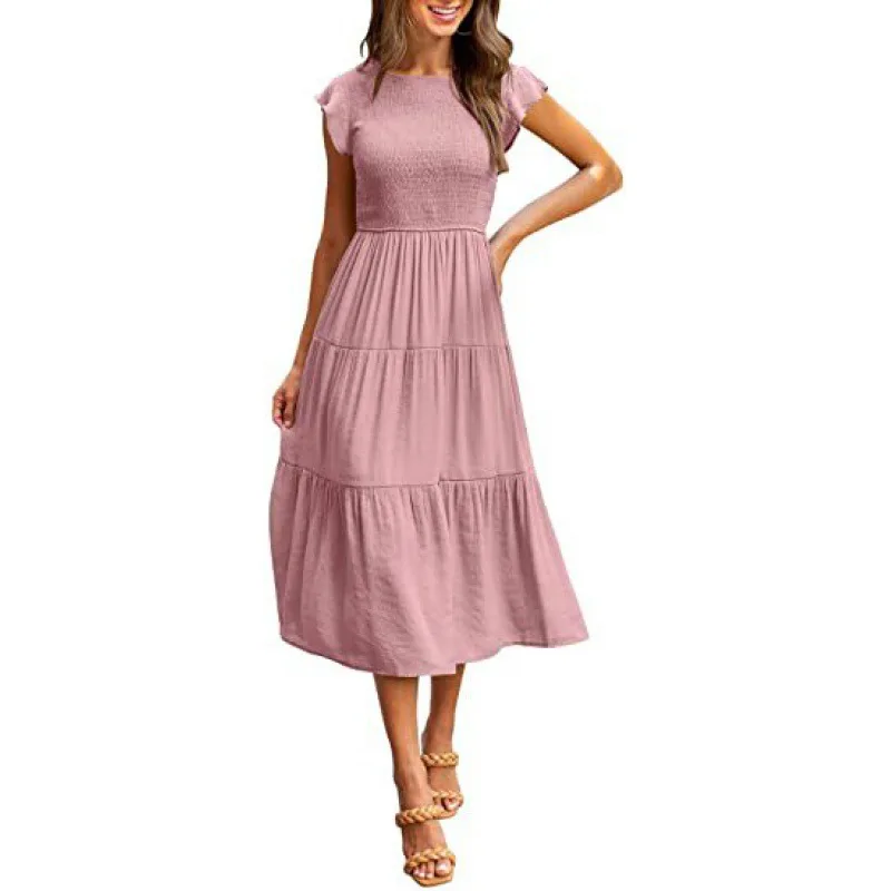 ผู้หญิงยุโรปอเมริกันที่ขายดีที่สุดกระพือแขน Smocked ฉัตรแขนสั้น Flared Dress