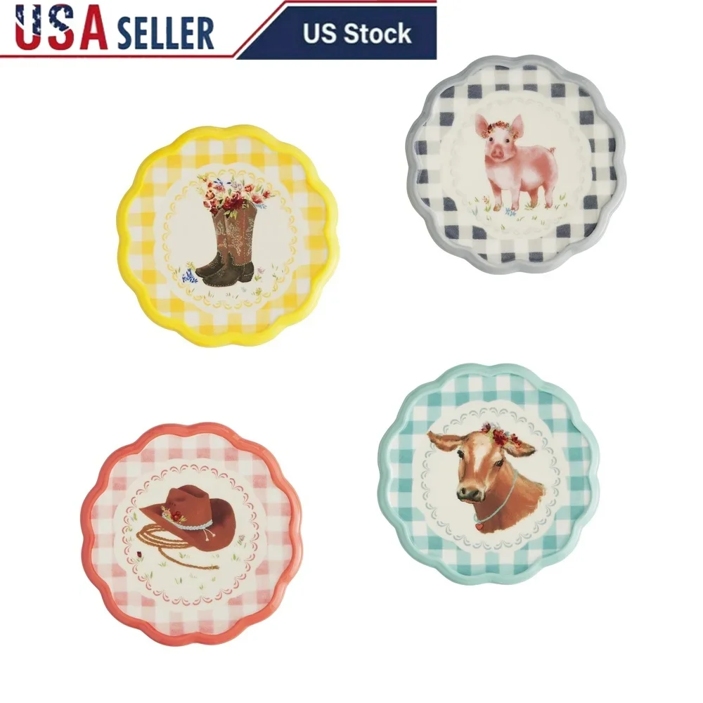 

Set of 4 Gingham Ranch Coasters Stoneware Decorative Functional Water Stain Protection Hand Wash Unique Novelty Designs Durable