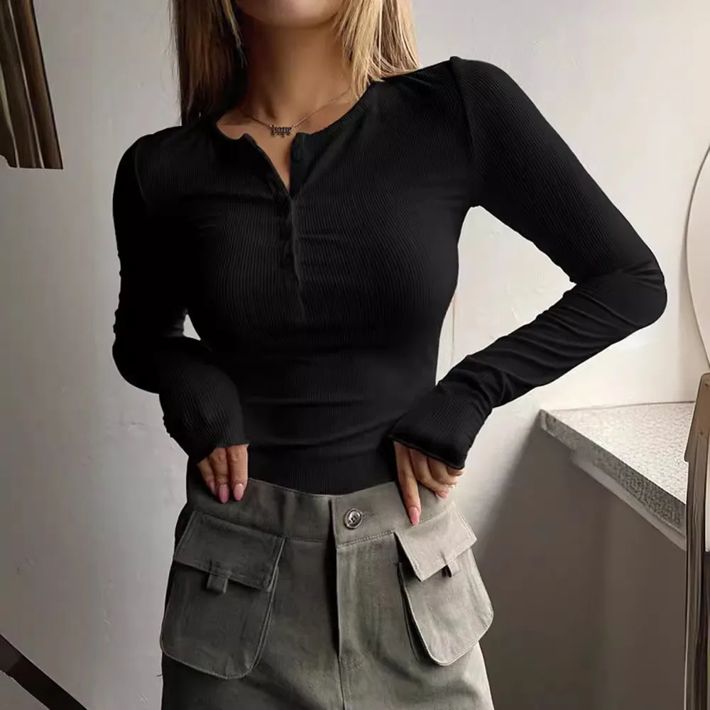 Women's Sweet Fresh Slim Fit Color Block Button Collar Solid Color Pullover Blouse T-shirt Women's Shirt with Button Detail and