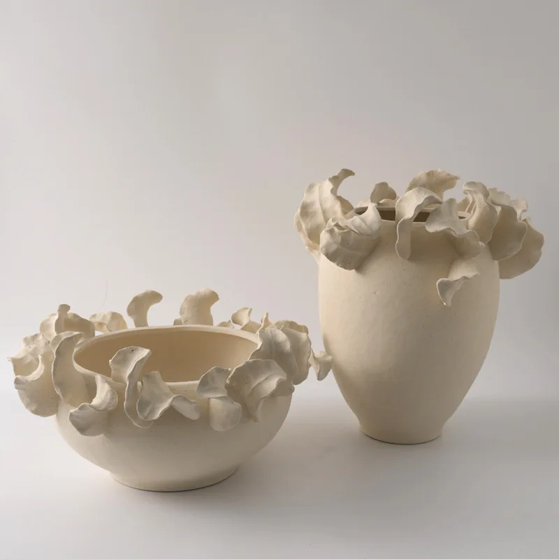 Modern wabi sandy wind handmade texture ceramic vase soft decoration model room hotel designer flower ware dining table jewelry
