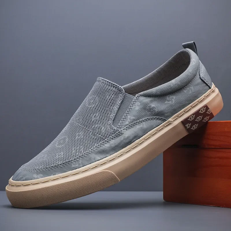 Men Canvas Business Shoes Fashion Vulcanized Mesh Lace-up Sneakers Tenis Slip-On Board Footwear for Male Khaki Gray Black