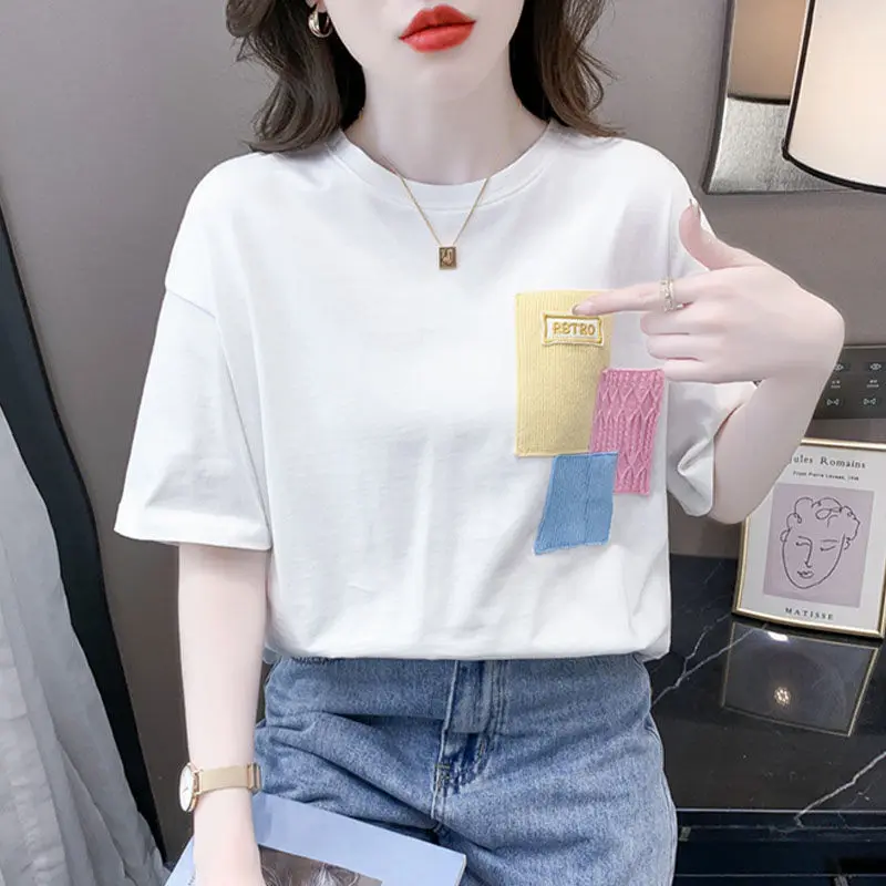 Women\'s Summer Fashion Office Lady Simplicity Patchwork O-neck Short Sleeve T-Shirt Women Clothes Casual All-match Loose Tops