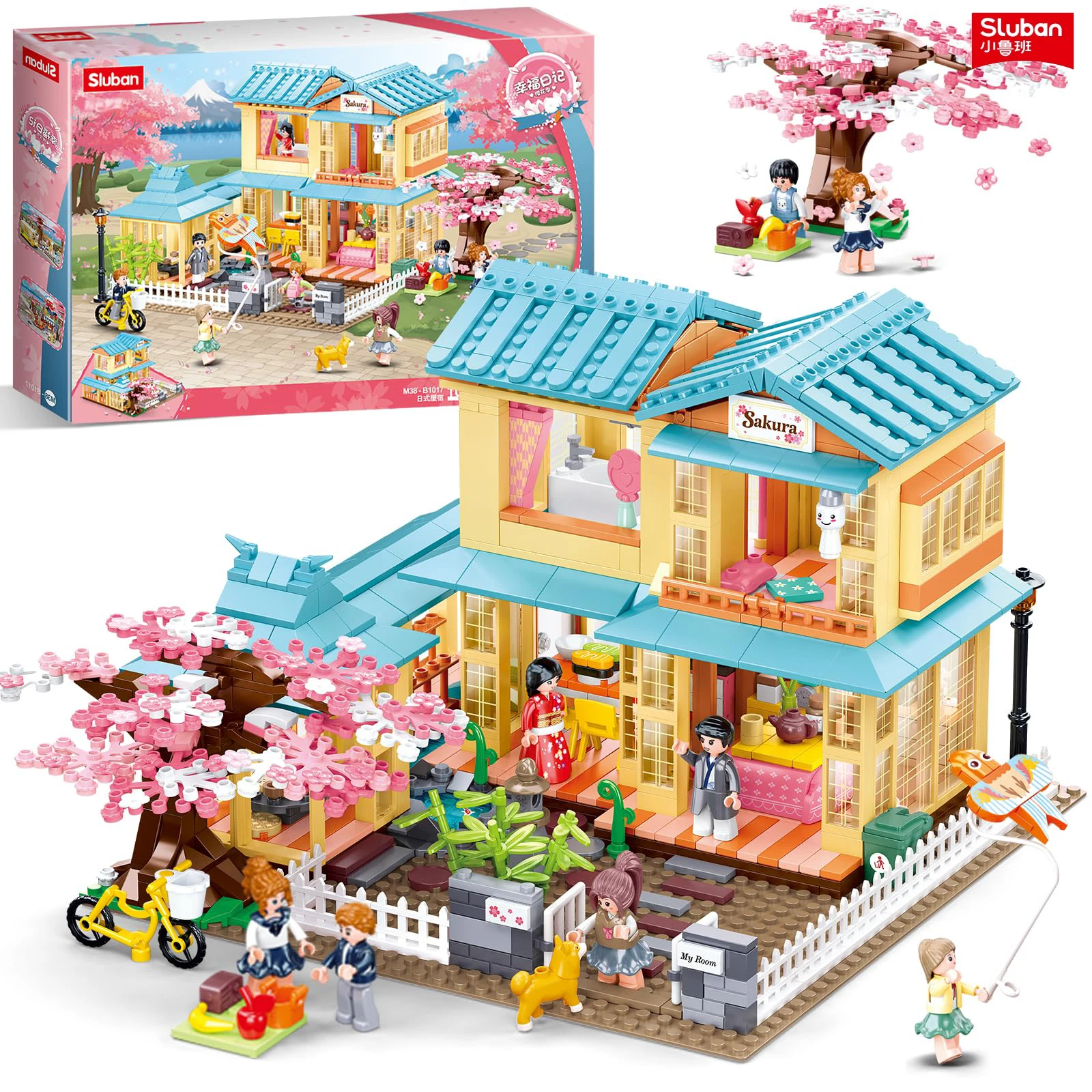 1029-teiliger Japanischer Stil Haus-Baukasten Kirschbaumhaus Stadtansicht-Modell Bausteine Desktop-Dekoration DIY Spielzeug Geschenk