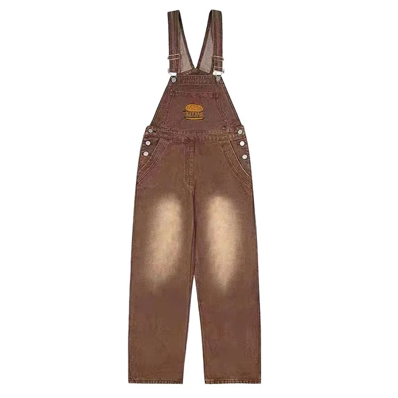 American Vintage Brown Denim Suspender Pants Women Hamburg Embroidery Loose Straight Overalls Fashion Trend Jumpsuit