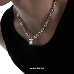 Hip Hop Square Zircon Necklace For Men Women Titanium Steel Male Pendant Sweater Chain Jewelry Charm Kpop Unisex Accessories