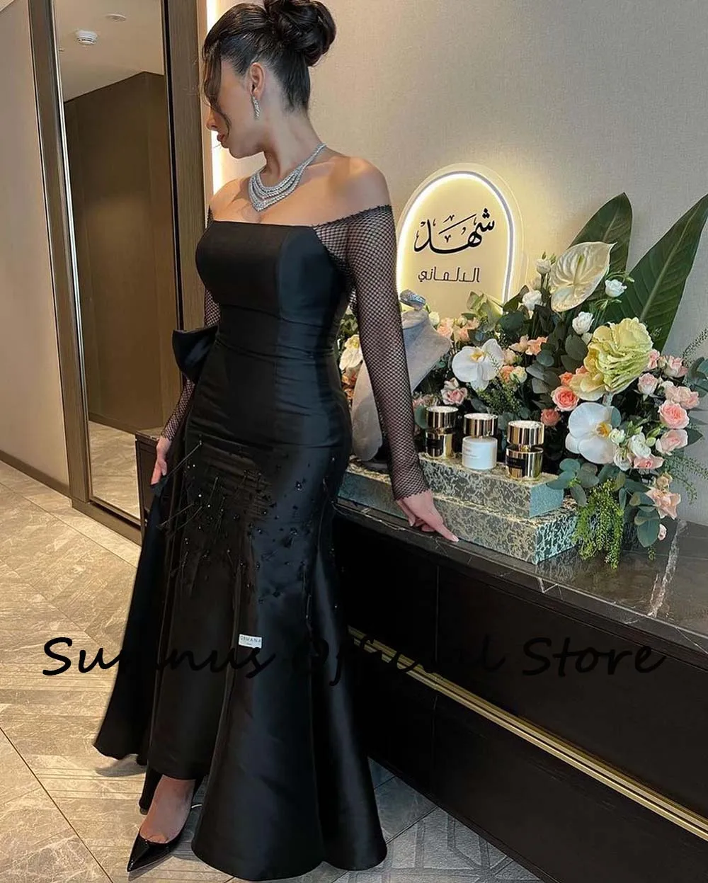 Sumnus-Black Mermaid Strapless Evening Prom Dresses, miçangas fora do ombro, cetim de manga comprida, árabe, Dubai Wedding Party Gowns, 2024