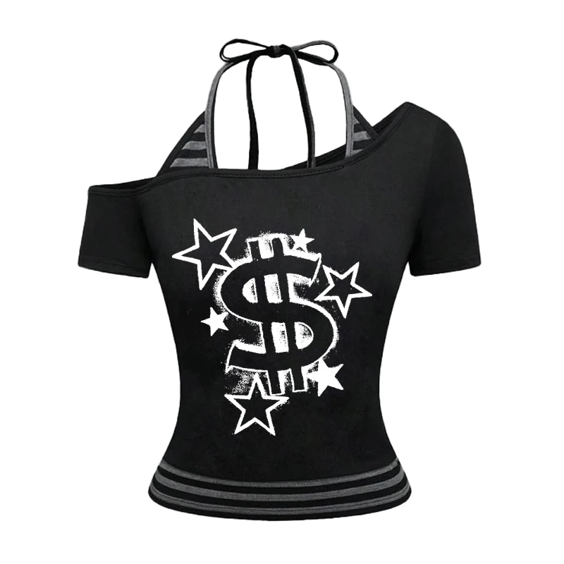 

2025 Spring/Summer New European and American Y2K Sexy Temperament Women's T-shirt Gothic Printed Pattern Two Piece Set Strap
