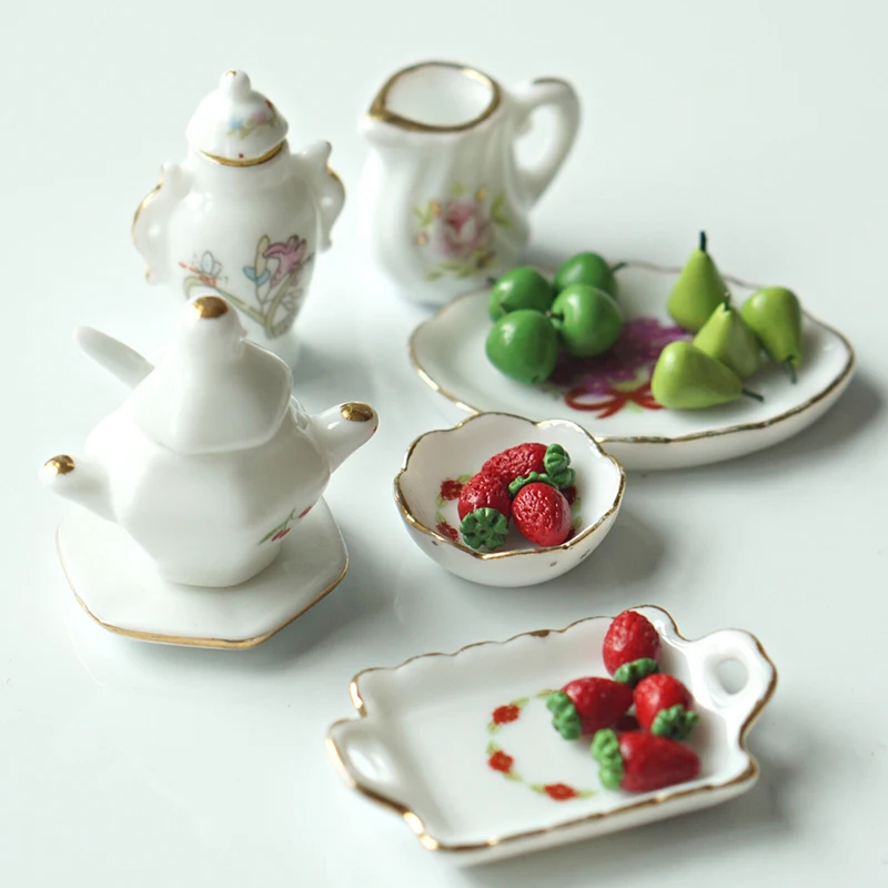 C 1Set Doll House Decoration Mini Ceramic Tea Kit Simulation Kettle Plate Model Toy 1:12 Dollhouse Miniature Accessories