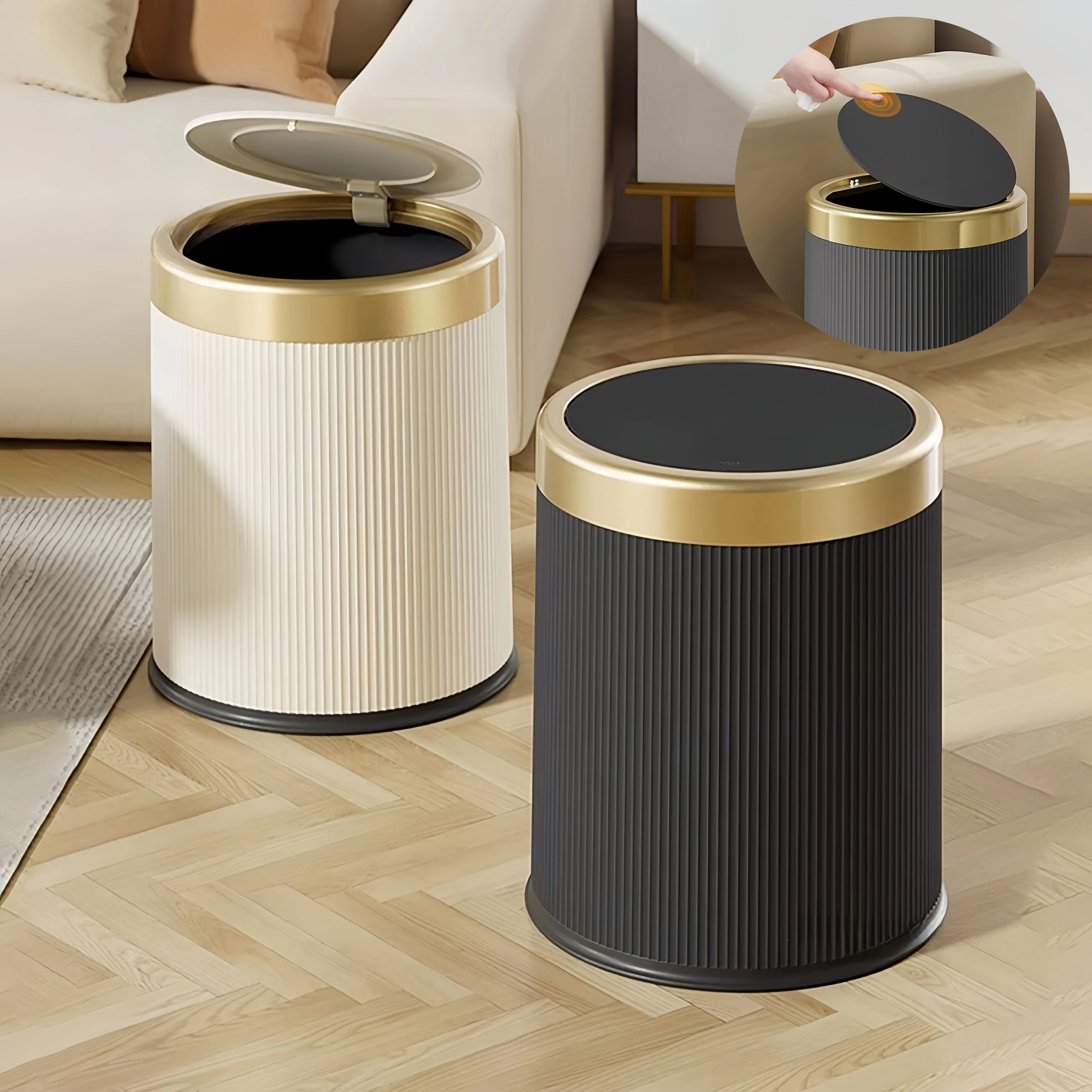 Light Luxury Wastbasket Press Trash Can with Lid for Office Living Room Bathroom Round Garbage Can with Removable Inner Bucket