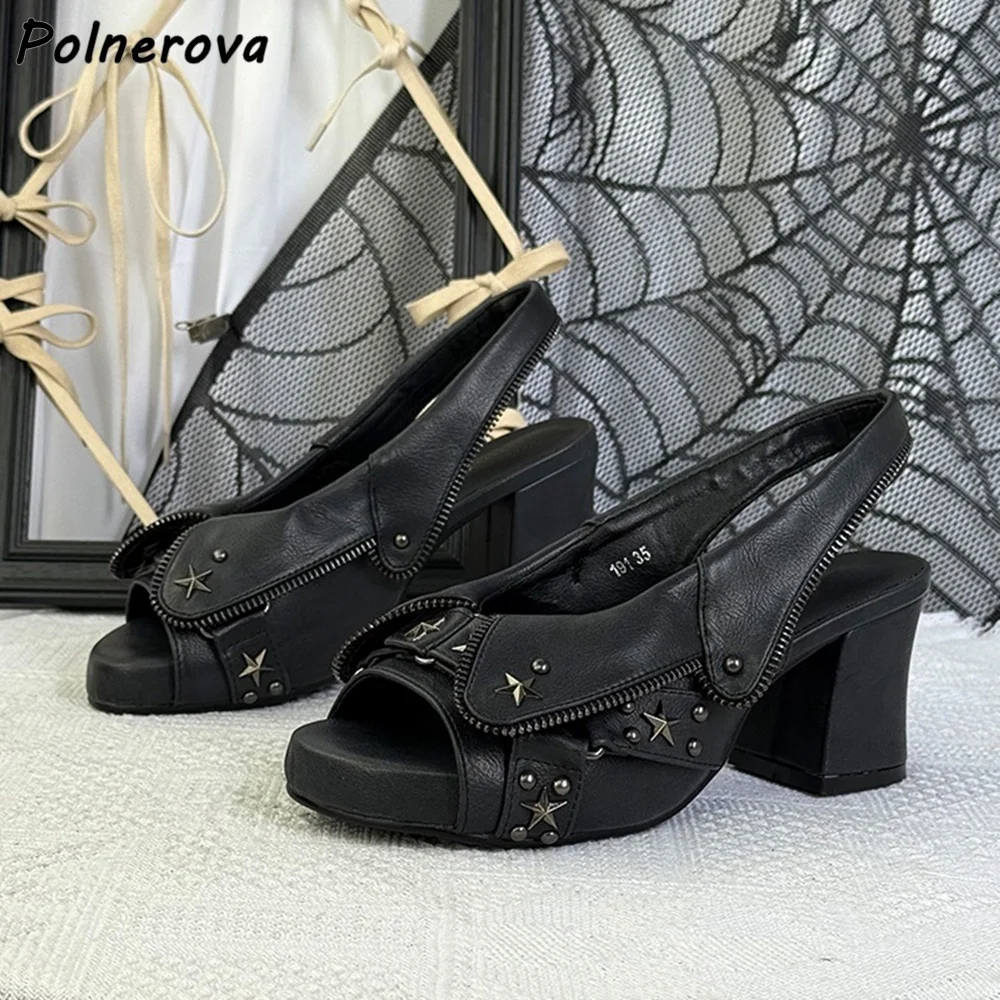

Сандалии с металлическими заклепками и пентаграммой, черные туфли на молнии с открытым носком, без шнуровки на массивном каблуке, летняя модная обувь в темном стиле в стиле панк, 2025 г.
