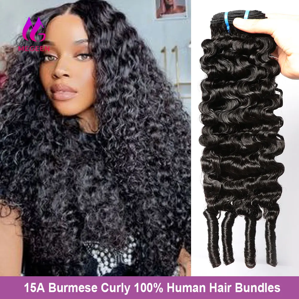 Megeen Deep Wave 15A Unprocessed Virgin Hair Human Hair 1/3/4Pcs Burmese Curly Bundles with Spriral Ends Weave Hair Extensions