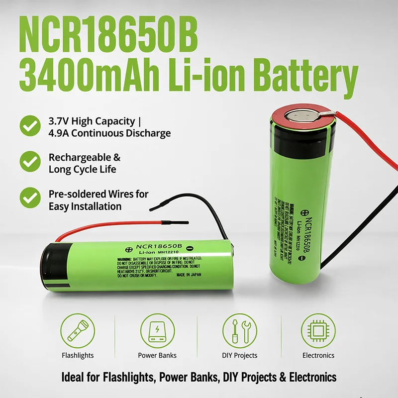 3.7v 3400mAh 18650 Li-ion Rechargeable Battery NCR18650B With Welding Silica Gel Cable DIY Flat Top Batteries For Flashlight Ect