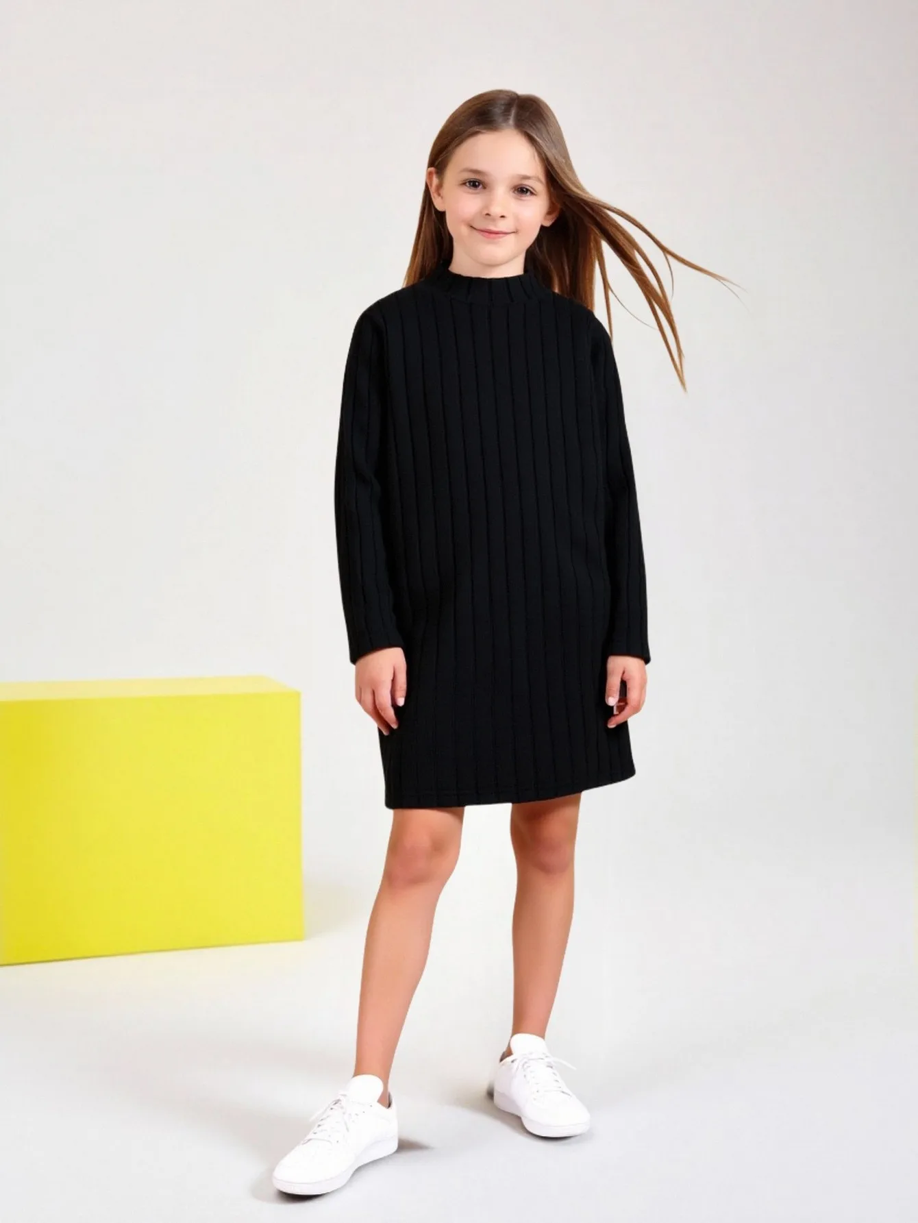 Mädchen Slim Fit Langarm Fleece-Kleid Geripptes Casual Schwarzes Kleid 7-14 Jahre Alt Einteiliges Herbst-Winter Modekleid – Detail 1