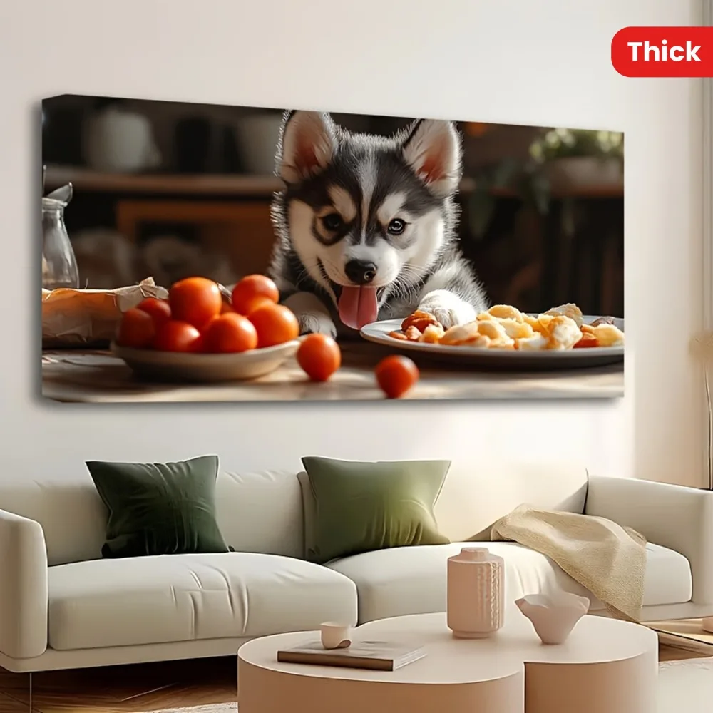 

1.5 inch thick pine solid wood frame, dog lying on table, personalized and unique husky puppy, wall art