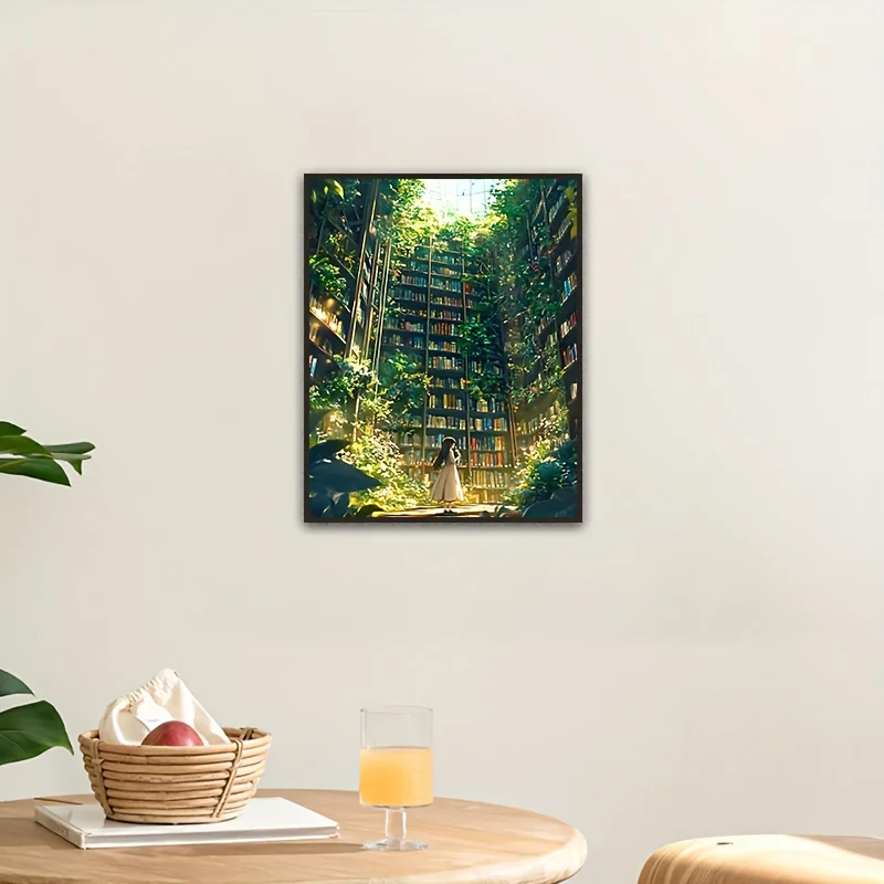 قطعة صغيرة من بازل قطع صغير الحجم 1000 قطعة فن المكتبة الخضراء، 38 × 26 سم، منظر طبيعي للمكتبة الحديثة للطلاب ومحبي الكتب #3