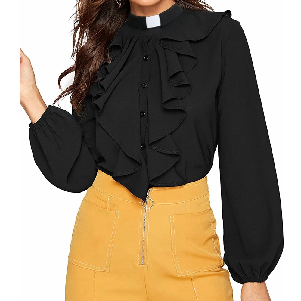 

Ladies Clergy Shirt Priest Tab Collar Ruffles Jabot Blouse