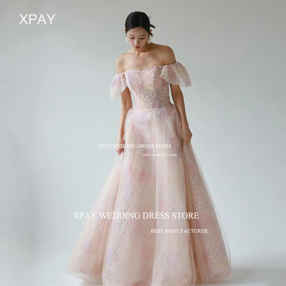 XPAY Sweetheart Korea Evening Dresses Photos Shoot Embroidered Lace Tulle Short Sleeve Evening Gowns Corset Formal Party Dress