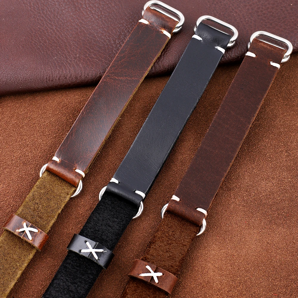 Vintage Black Coffee Brown Leather Watch Band 20mm 22mm Unique Design Hand Stitching Long Watch Strap Double Ring Lock No Hole