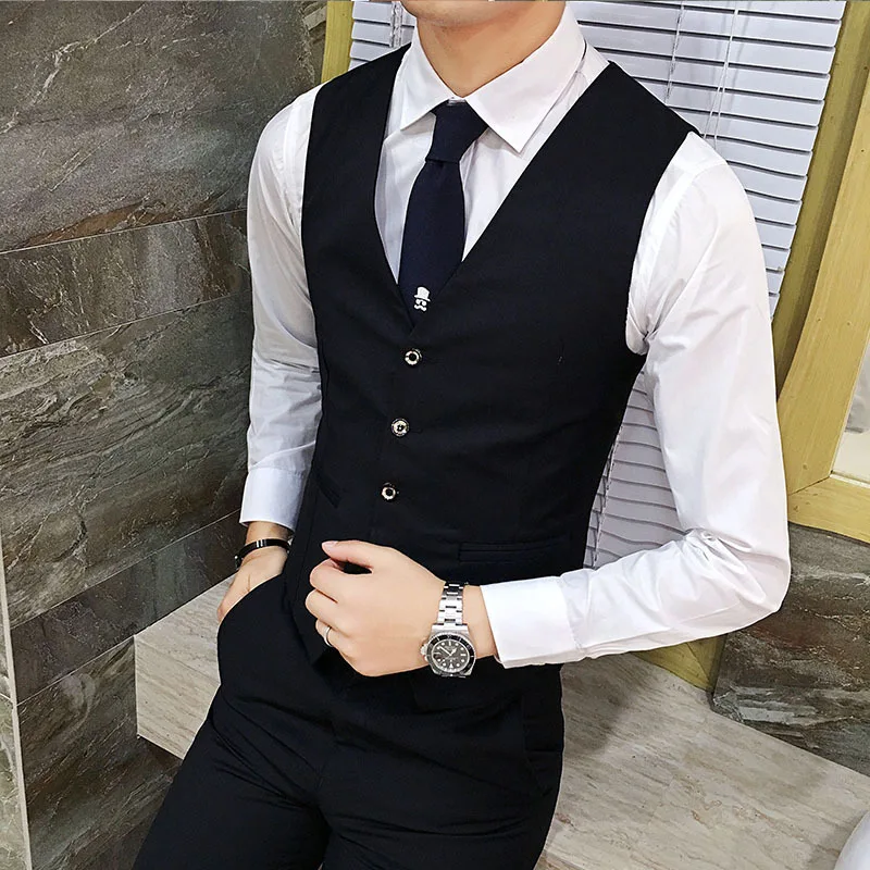 Men\'s Slim Fit Korean Style Suit Vest Groomsman Vest V-Collar Single-Breasted Waistcoat S-6XL