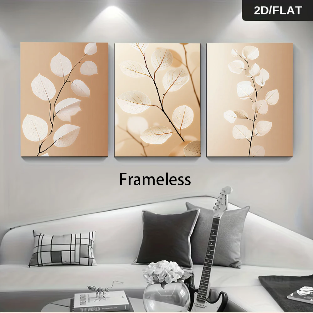 3PCS Large-sized frameless canvas paintings,1 Set Modern Minimalist Living Room triptych frameless Wall Art, Abstract Plant Leaf