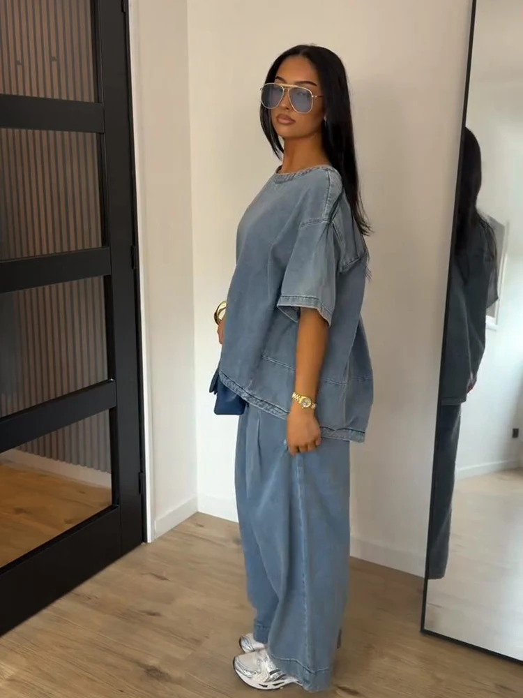 Denim-Übergrößen-Oberteil und Hosen-Set für Damen, Street-Style O-Ausschnitt Kurzarm mit Unregelmäßigem Saum, Lockere Oberteile und Weite Hosen, Schicke Damen-Outfits – Detail 10