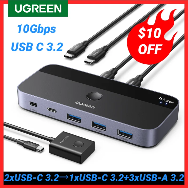 

UGREEN 10Gbps USB C Switch USB C 3.2 Switcher for PC Keyboard, Mouse, Printer and Scanner 2 PCs Sharing 4 Devices USB Switch