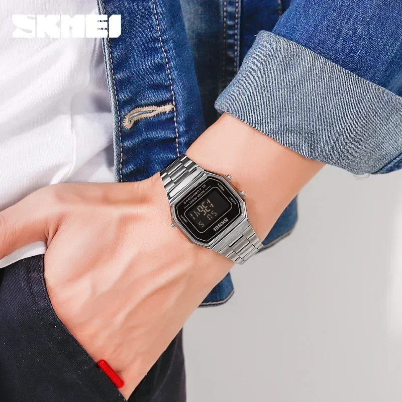 SKMEI 1647 Casual Simple Mens Wristwatches Stainless Steel Band Waterproof Watch Men reloj hombre Retro LED Digital Male Watches image 2