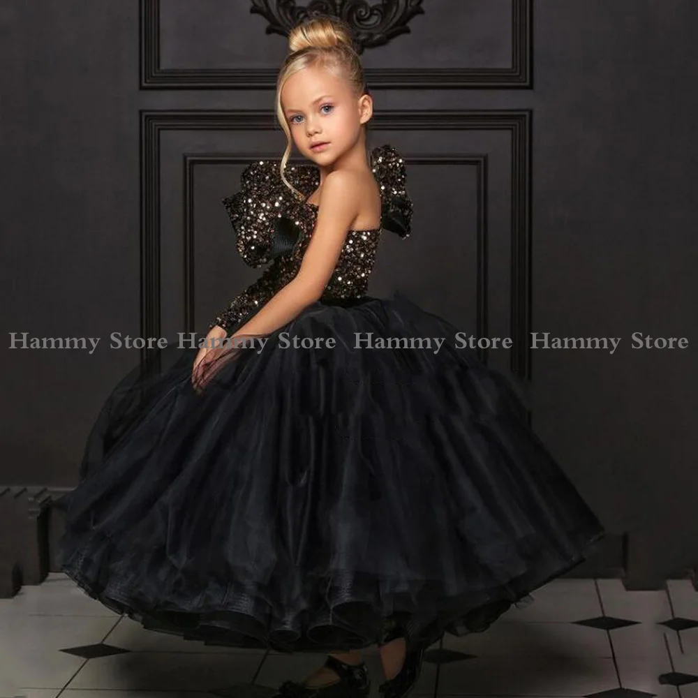 Black Flower Girl Dress with Gold Sequin Top One Shoulder Puffy Floor Length Long First Communion Dresses Wedding Party Gown