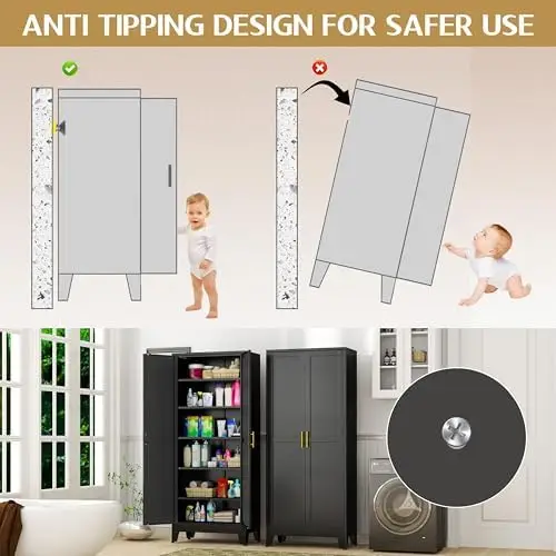 75.2" Tall Metal Kitchen Pantry Storage Cabinets with 2 Door and 5 Adjustable Shelves, Cupboard for Kitchen, Dining image 6