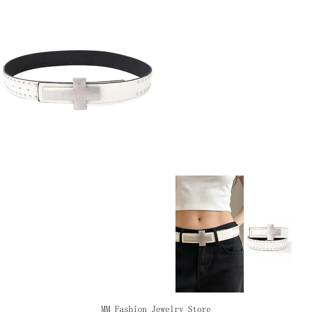 Party Look Waist Belt with PU Look Finish, Studded Detail, and Oversized Front Hardware for Adjustable Daily Styling D0UB