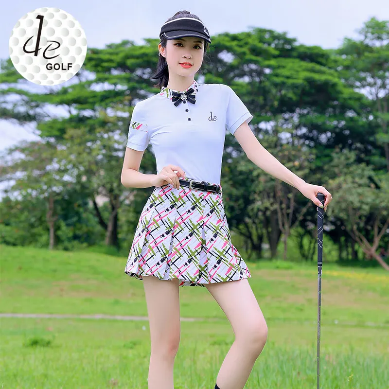 Golf Apparel Women's Ball Suit Set Summer Slim Sleeve Short Skirt White Quick Drying High End Printed Top