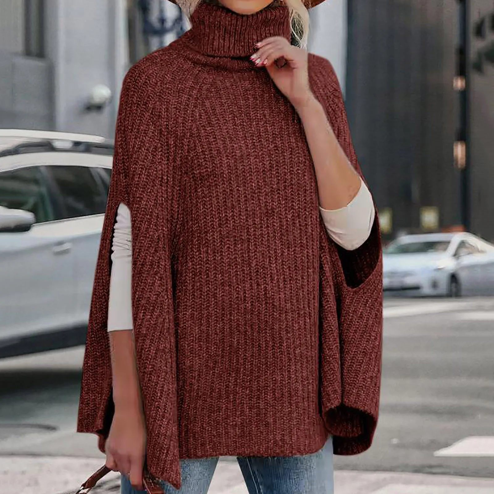 Autumn Winter Turtleneck Poncho Sweater Women Fashion Chunky Knit Cape Wrap Sweaters Pullover Female Jumper Tops Sweater Shirts