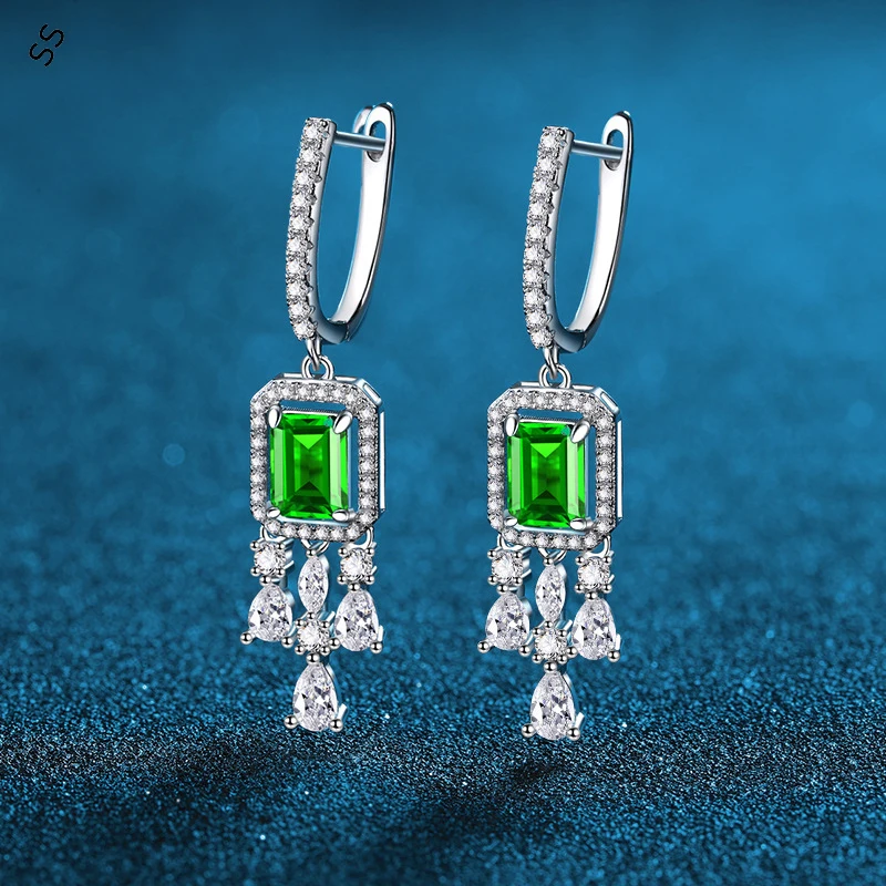 New Emerald Green Blue Red Gemstone Fringe Earrings S925 Sterling Silver Vintage Classic Women's Ear-pendant Accessories Fine