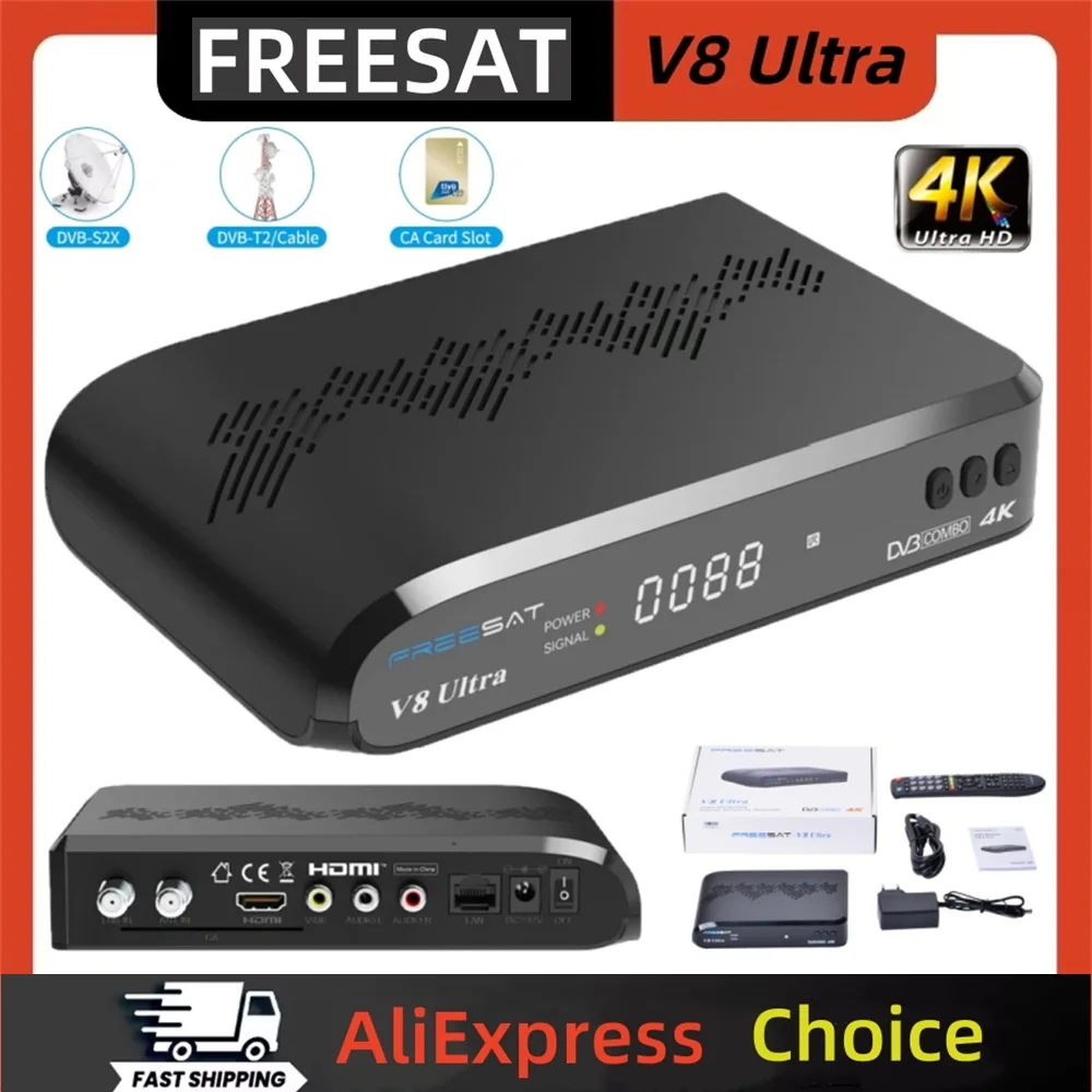 جهاز استقبال قمر صناعي فائق FREESAT V8 DVB-S/S2/S2X,DVB-T2/T+C,FUNCAM/MARS/CCAM/M3U 4K TV Box مع وحدة فك ترميز ضبط LNB بفتحة بطاقة CA