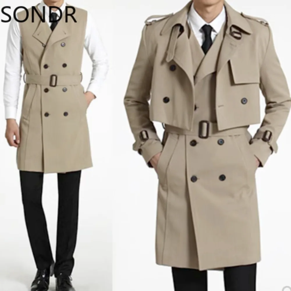 Fashion Mens Two-piece Coat Trench Coat Long Vest Formal Jacket Windbreaker