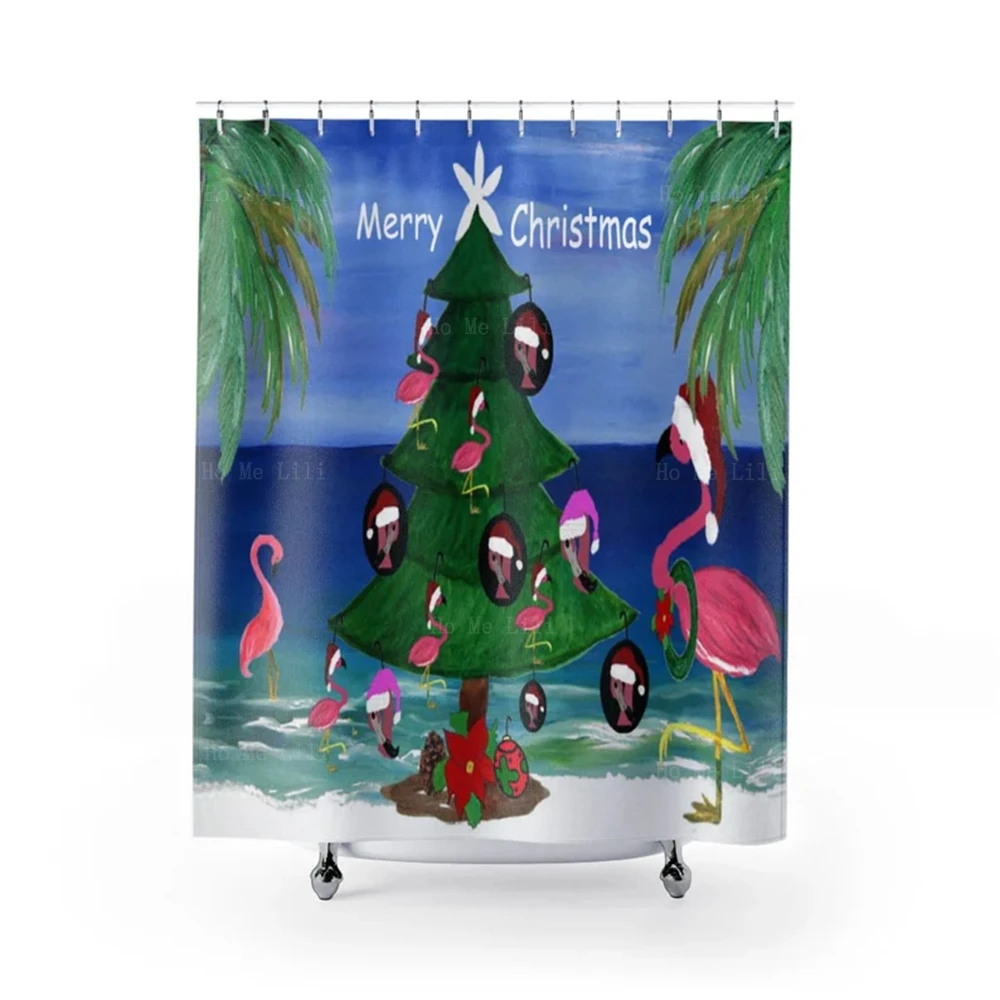 Flamingo Christmas Trim A Tree Santa Alligator Pelican Holiday Coastal Beach Design Shower Curtain