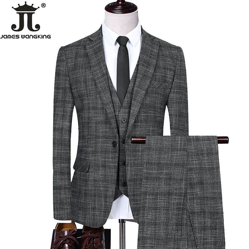 Blazer Vest Pants 3 Pcs or 2 Pcs Set Fashion Men\'s Casual Boutique Business Dress Wedding Groom Plaid Suit Coat Blazers Trousers