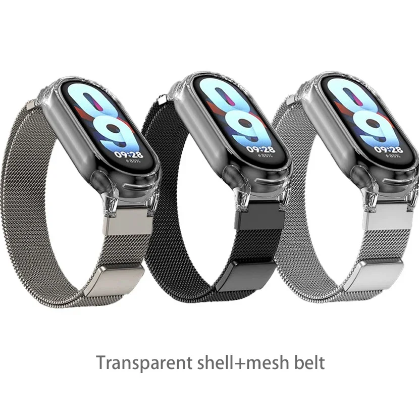 Metal mesh strap for mi band 9 mi band 8 smartwatch wristband xiaomi mi band 8 9 transparent case magnetic watchbands