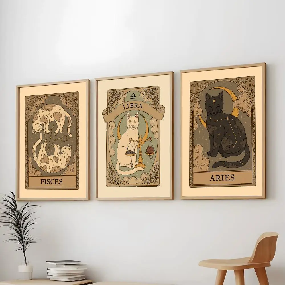The Twelve Zodiac Signs Cat Painting Calligraphy Modern Canvas Wall Art Print Stylish Bedroom Cafe Home Decor Gift