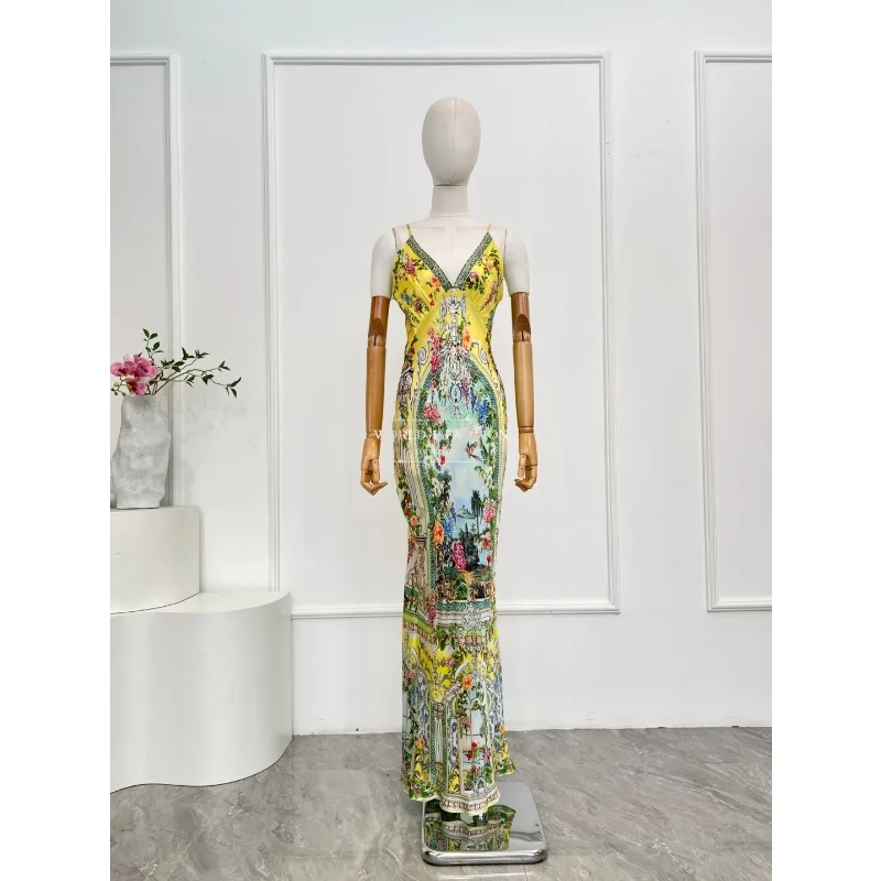 Vestido midi com cintura cortada e halter para férias, novo vestido de seda amarelo com estampa floral sem mangas de alta qualidade