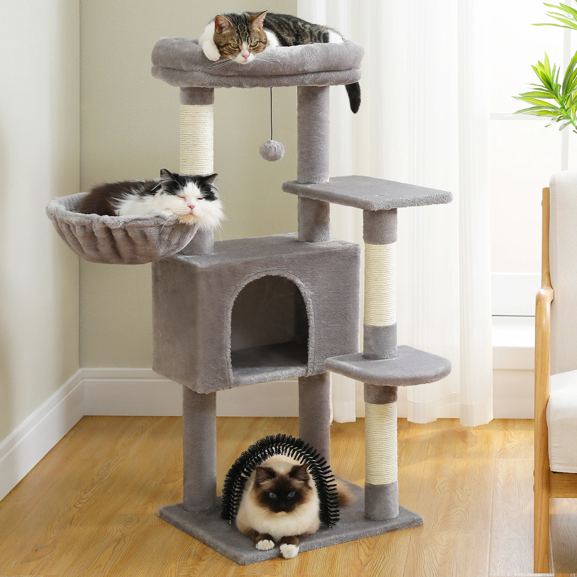 Image of Albero per gatti con torre giocattolo per gatti, condominio per gatti da interno, con pesce persico imbottito in peluche, amaca accogliente e tiragraffi in sisal cod004